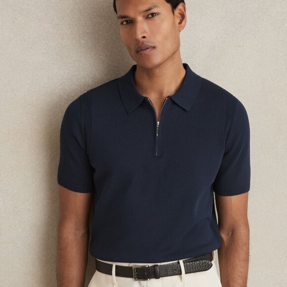 Reiss, Berkley Half-Zip Knitted Polo Shirt in Navy - Picture 1 of 10